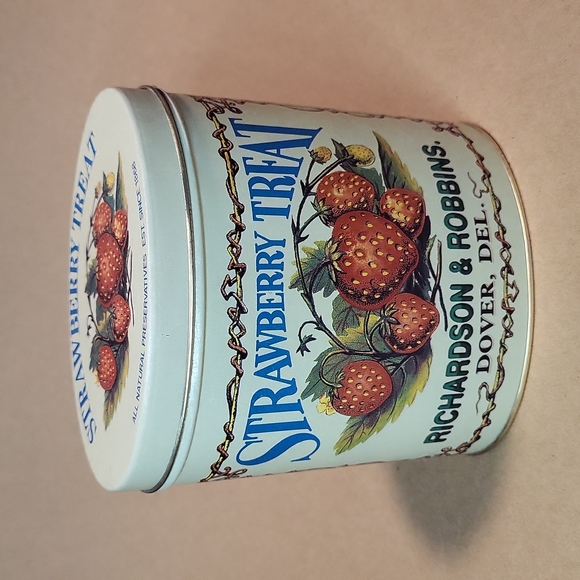 Vintage • Strawberry Treat Canister/Tin Empty • Richardson & Robbins Dover, Del. - Picture 3 of 5